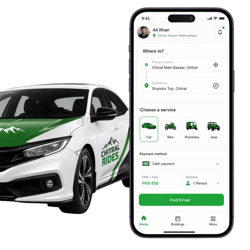 Chitral Rides mobile app and branded car